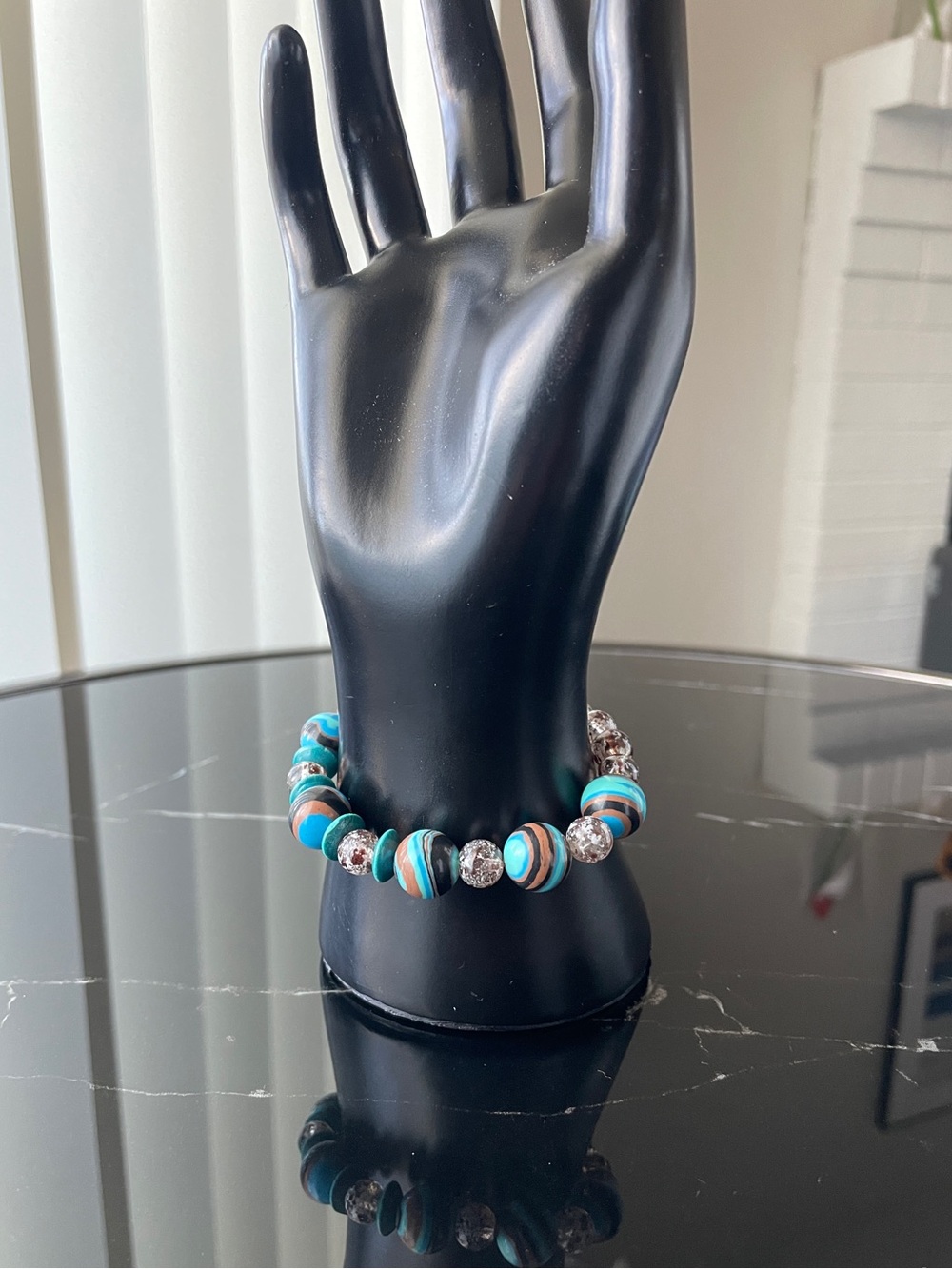 Turquoise Striped Bead Bracelet with Brown Accents- Handmade